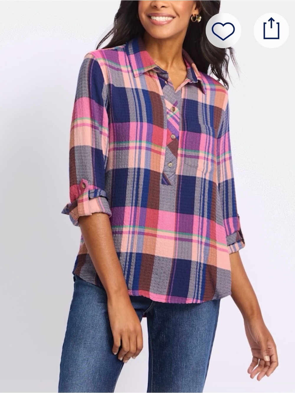 Relaxed Plaid Button-Down Shirt in Pink & Navy